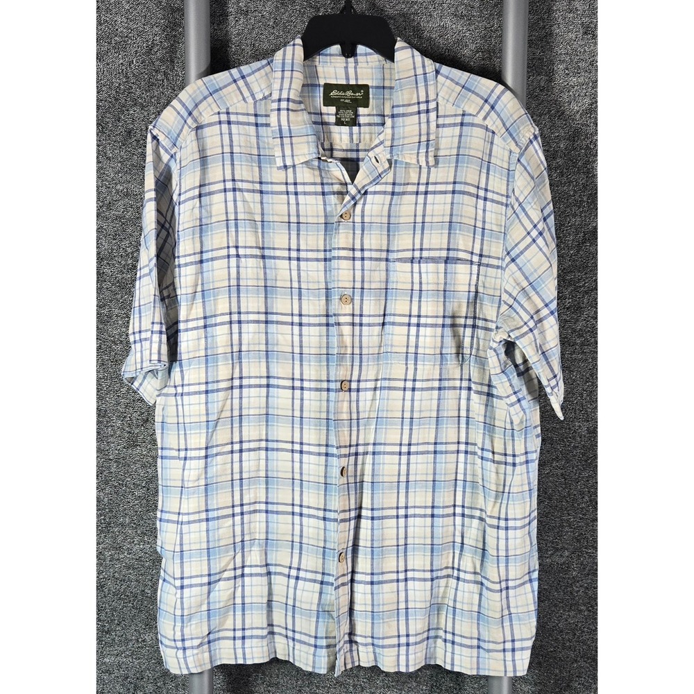 Eddie Bauer Mens Large Linen Cotton Plaid Short Sleeve Button Down Shirt Blue
